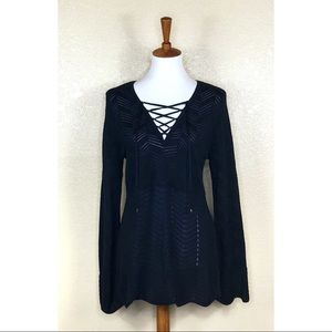 White House Black Market Lace Up Knit Navy Pullover Size Medium